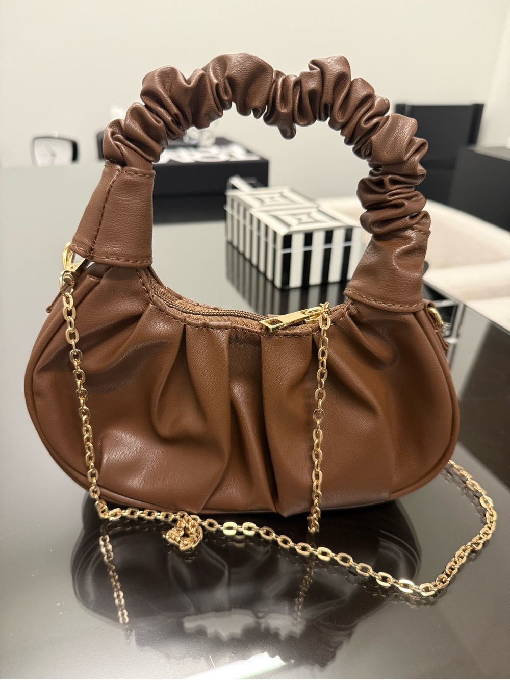 Women’s Brown Ruched Top Handle Shoulder Bag with Gold Chain